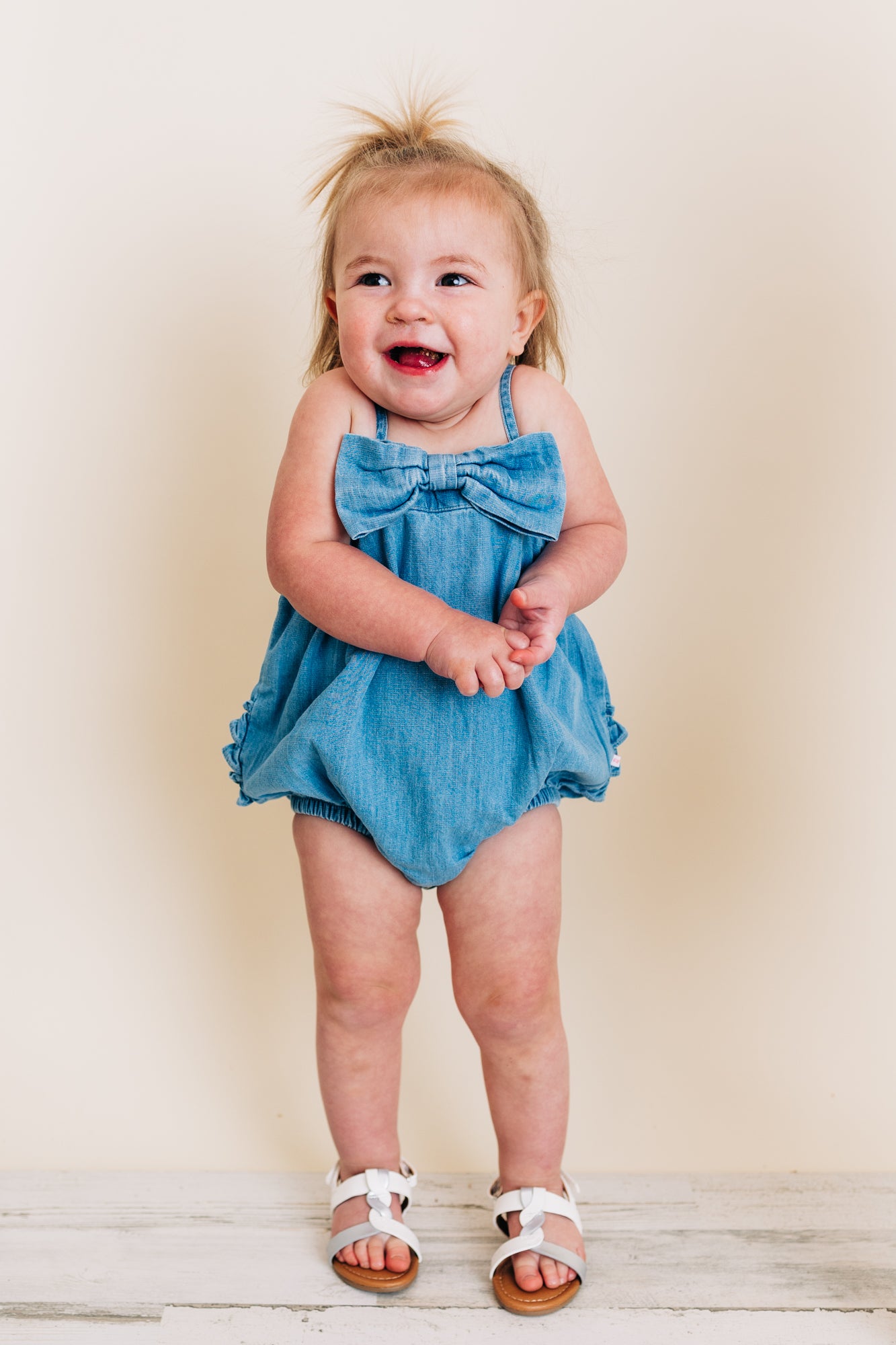 Light Wash Denim Bow Romper