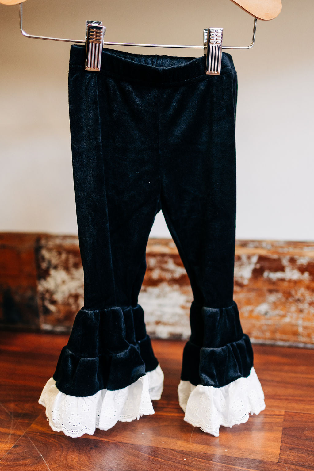 Black Lace Trimmed Velvet Bell Bottoms