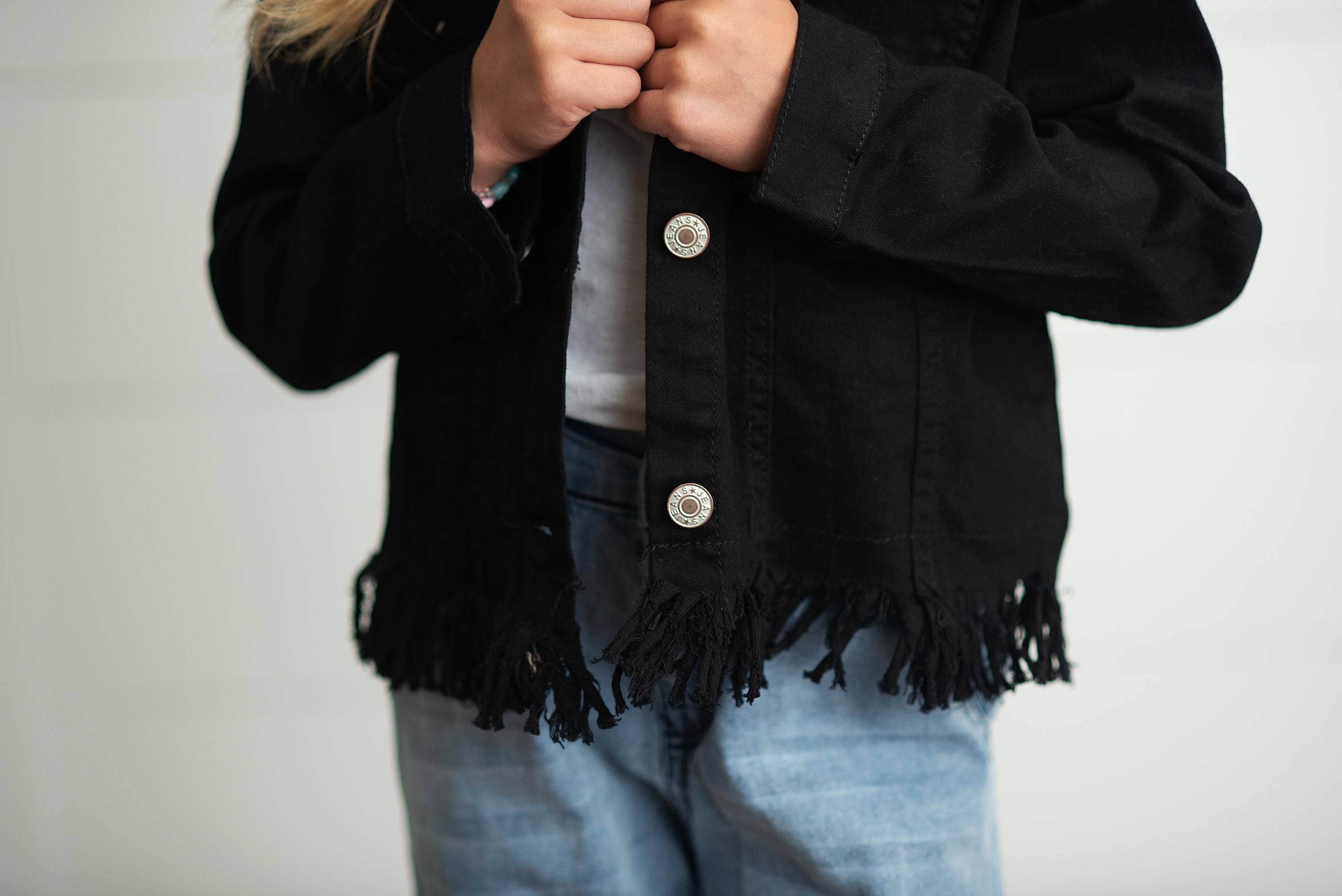 Black Denim Fringe Button Jacket