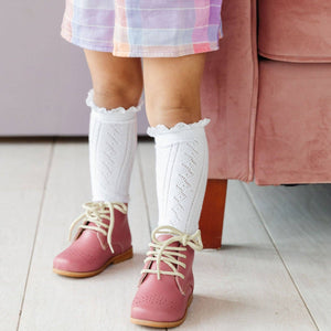 White Fancy Lace Top Knee High Socks