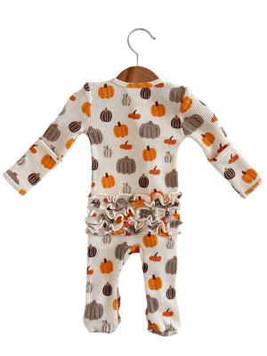 Waffle Ruffle Zippered Footie - Pumpkin