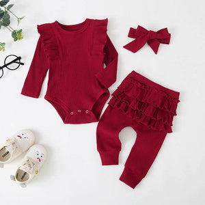 Long Sleeve Flutter Sleeve Romper Set of Three with Bow