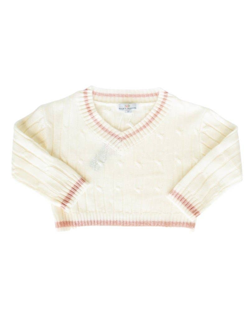 V-Neck Cable Knit Sweater - Pink Shimmer Stripe