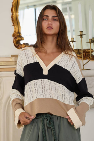 Colorblock Lace Collared Pullover