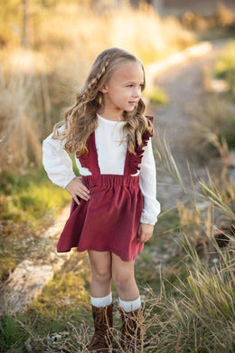 Cream & Wine Ruffled Suspender Pinafore Skirt Set