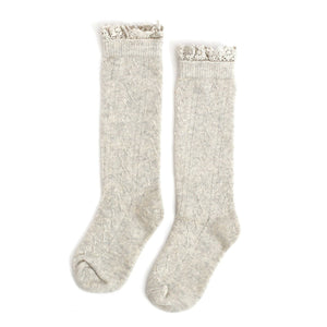Heathered Ivory Fancy Lace Top Knee High Socks